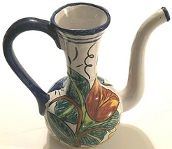 La Maceta 4 Mexico Art Pottery Hand Painted Green Brown Flowers Ceramic Pitcher - $88.74