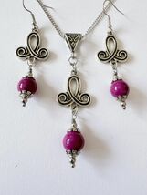 Victorian burgundy silver jewelry set porcelain beads earrings necklace ... - $52.00