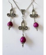 Victorian burgundy silver jewelry set porcelain beads earrings necklace ... - $956.72 MXN