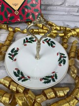 Holiday APPETIZER SERVER Bridgeford Porcelain Holly Berries Silverplate ... - £9.97 GBP