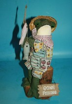 Frog Gone Fishing Sits on Logs 12&quot; Lake Mountain Log Cabin Rustic Decora... - $17.00