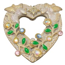 Vintage Kerissa Heart Shaped Angels Brooch Flowers Multicolor Rhinestones Signed - £14.36 GBP
