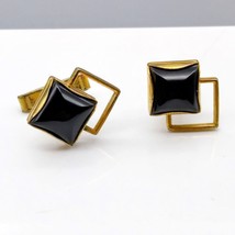 Vintage Square Dance Geometric Cuff Links, Black Glass and Gold Tone Mid Century - £24.80 GBP
