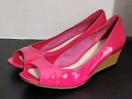 Cole Haan Women Hot Pink Patent Leather Peep Toe Wedges Pumps Slip On Sz 10B - £16.13 GBP