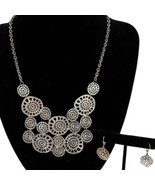 Silver Tone Sand Dollar Medallion Bib Statement Necklace Dangle Earrings... - $37.81 CAD