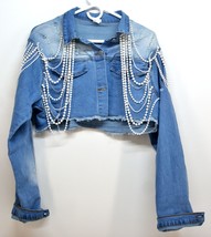 Women&#39;s Cropped Denim Jacket Long Sleeve Trendy Pearl Distressed (XL) 193 - £28.89 GBP