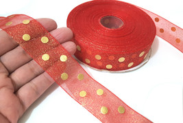 1&quot; /25mm - 50yd-1 roll Red w/ Gold Polka Dots Glitters Organza Ribbon OG1 - £6.28 GBP