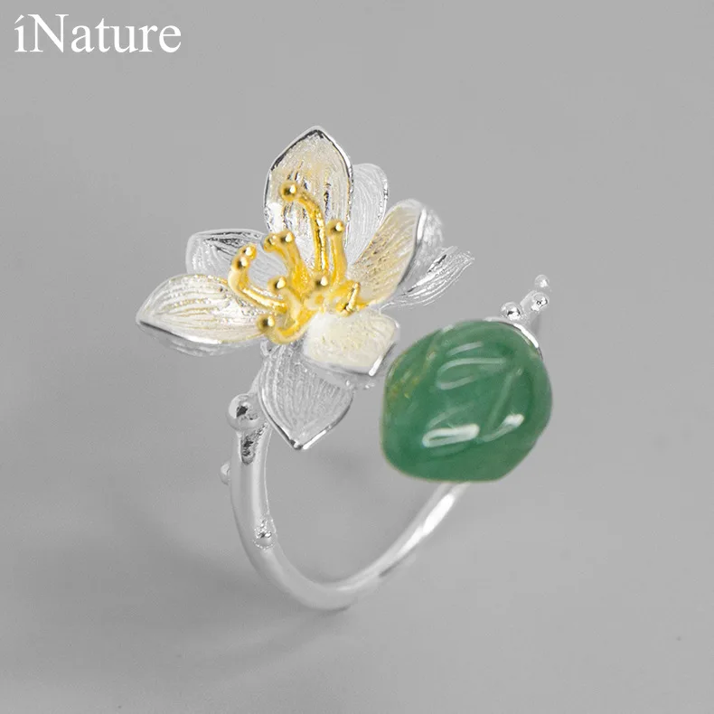 INATURE 925  Silver  Aventurine Lotus Flower Rings for Women Adjustable Ring - $54.49