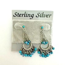 Solid 925 Sterling Silver Turquoise &amp; Crystals Chandelier Earrings Dangle Fringe - £10.96 GBP