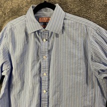 Thomas Pink Dress Shirt Mens 17 36.5 Blue Striped 3 Button Angle Cuff No... - $16.23
