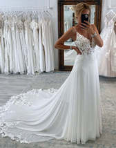 Dream White Chiffon Boho A-Line Wedding Dress with Lace - £216.35 GBP