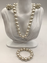 Japan Faux Pearls 17&quot; Necklace 6-8&quot; Stretch Bracelet &amp; 1-1/8&quot; Clip Earrings - $33.20