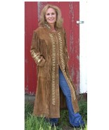 Women Brown Western Style Suede Leather Coat With Fringe - Long Duster Coat - $250.00 - $260.00