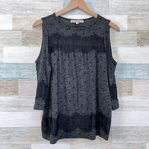 LOFT Lacy Dotted Cold Shoulder Tee Gray Black Lattice Trim Casual Womens... - $19.79