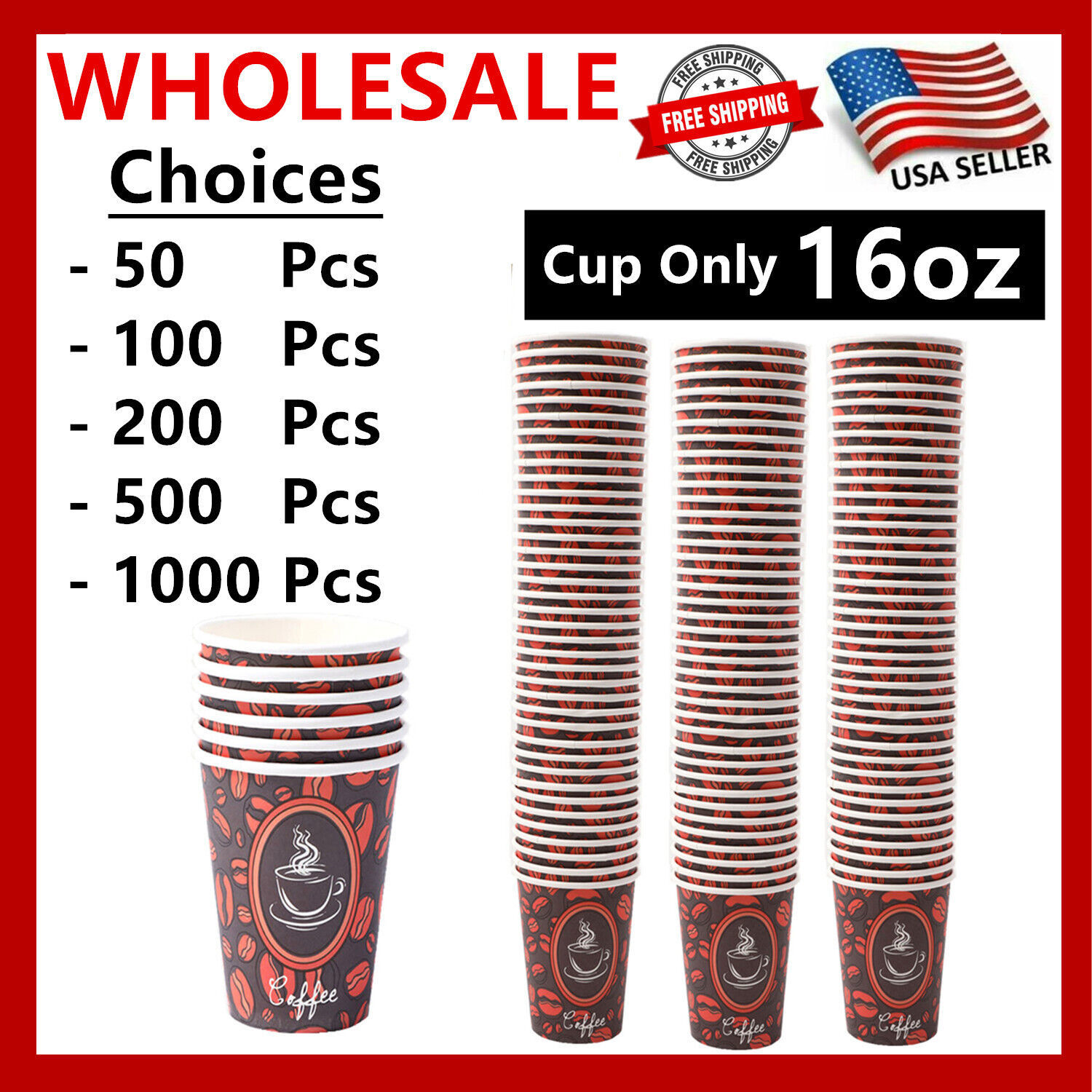 Primary image for 16oz Disposable Paper Cups Coffee Bean Design for Cold/Hot Drinking 50-1000 Pack