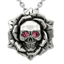 Skull Rose July Red Birthstone Necklace With CZ Crystal 17&quot;-19&quot; Adjustable Chain - £59.09 GBP