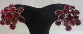 Clip On Earrings WEISS Ruby Red Rhinestone &amp; Gold Tone Prong Set Vintage Signed - £47.78 GBP