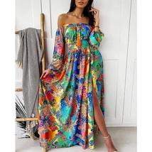 Boho Floral Off Shoulder Colorful Slit Maxi Dress - £37.30 GBP