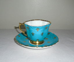 Aynsley Turquoise Gold Fleur De Lis Teacup Cup Saucer Vintage English Bo... - $123.75