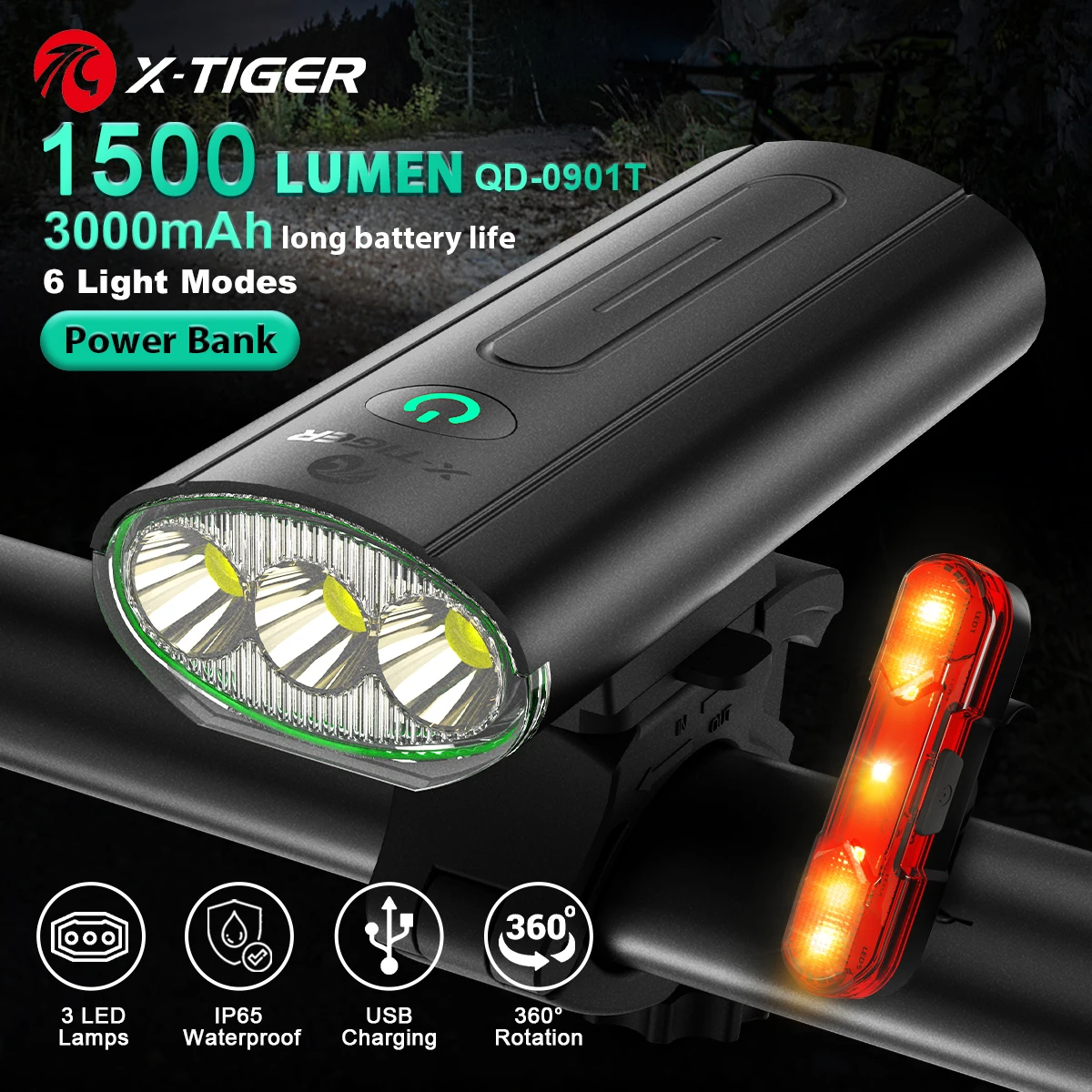 X-TIGER Bike Light USB Rechargeable LED Flashlight Rainproof Front Lamp - £17.92 GBP+