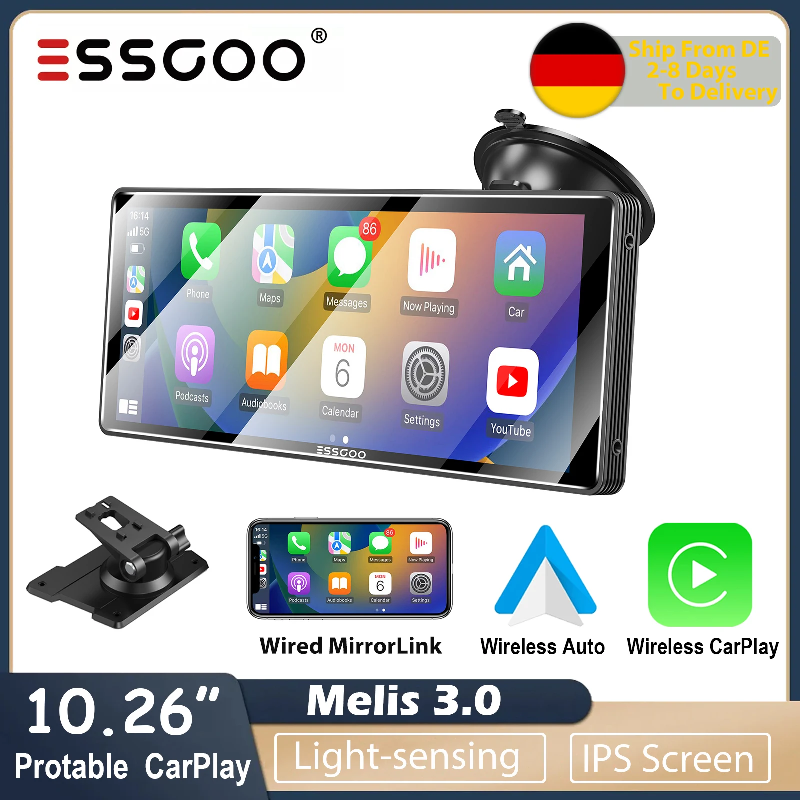 ESSGOO 10.26&quot; Wireless CarPlay Dashboard Monitor Automotive Multimedia Player - £105.79 GBP+