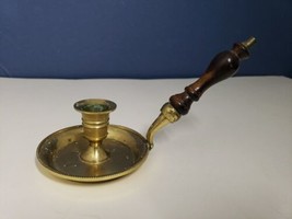 Vintage Brass Chamber Stick Candlestick Candle Holder with Wood Handle - $9.89