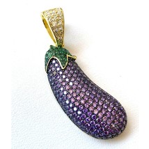 14K Yellow Gold Plated Brilliant Lab-Created Sapphire Eggplant Pendant 2.25&quot; Big - £195.43 GBP