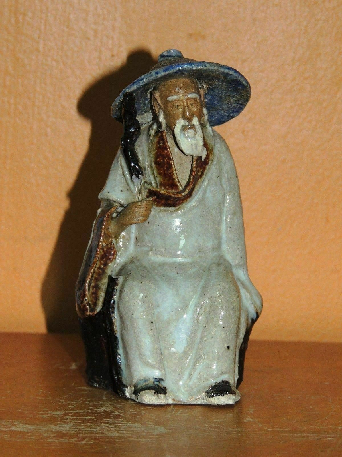 Chinese Mud Man Men Blue-Gray Robe w damaged Staff 4.25&quot; marked China H ... - $17.99