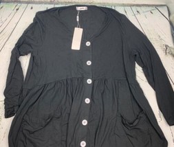 Dress Black Buttons XXL Flowy Pockets Long Sleeve - £22.27 GBP