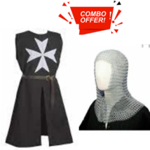 Combo Pack Chain mail Coif and Cotton Fabrics Templar Cross Tunic wear New - £78.64 GBP+