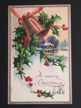 A Merry Christmas Bell Holly Scenic View Embossed Postcard Series 157 c1910s - £6.31 GBP