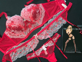 Victoria&#39;s Secret 34DD,36C Bra Set+Garter+Thong Red Pink White Lace Crystallized - £111.13 GBP