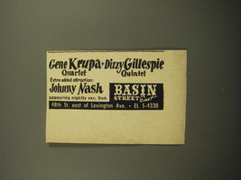 1960 Basin Street East Club Ad - Gene Krupa, Dizzy Gillespie, Johnny Nash - £11.98 GBP