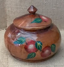 Vintage Hand Painted Lacquer Fruit Pattern Brown Wood Candy Jar Bowl w Lid - £14.24 GBP