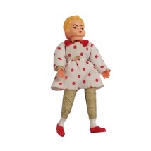 Vintage Dollhouse Doll German Caco Miniature Girl Polka Dot Dress Red White - £21.13 GBP