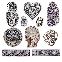 Wooden Stamp Pottery Flower Printing Block Stamp Craft Fabric Textile Set Of 10 - £39.36 GBP