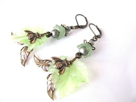 Bee themed Antique Gold tone Finish Earrings with Lucite Leaves and Swarovski Cr - $22.00