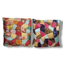 Crazy Quilt Throw Pillow Set of 2 Groovy 1960s Handmade Satin Floral Patchwork - £31.64 GBP