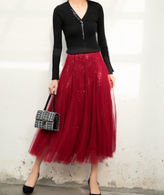 Wine Red Midi Tulle Sequin Skirt Women High Waisted Holiday Tulle Skirt Outfit