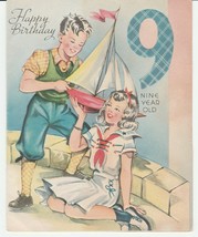 Vintage Birthday Card Boy and Girl with Sailboat 1940&#39;s Marchant 9 Years Old - £7.00 GBP