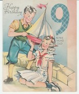 Vintage Birthday Card Boy and Girl with Sailboat 1940&#39;s Marchant 9 Years... - £7.09 GBP