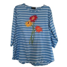 Bob Mackie Womens Top 2X Plus Blue Pinstriped Embroidered Floral Half Sleeve - £15.48 GBP