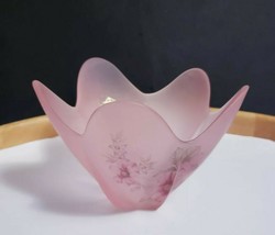 Vintage Viking Pink Satin Frosted Glass Blossom Decorated 4&quot; Glimmer Candle Bowl - £11.66 GBP