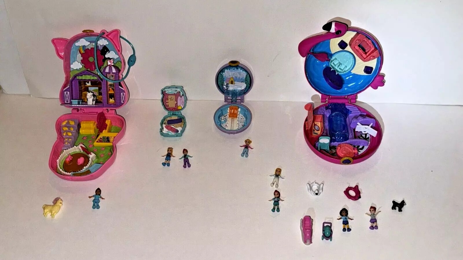 Polly Pocket Compact Lot Flamingo Piggy Pollyville Snow Cabin, Doll More... - $44.99