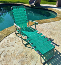 Vintage Folding Chaise Lounge Aluminum Webbed Lawn Chair Teal Green Whit... - $120.65