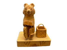 Vtg Folk Art Hand Carved Wood Bear Holding Shoes w Basket Toothpick Holder 4 In - £10.38 GBP