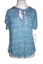Democracy Women&#39;s Shirt Top Size Small Blue Teal Tie-Neck Short Sleeve NEW - £14.37 GBP
