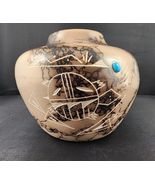 Vtg Signed Navajo Horsehair Pottery Vase Etched Turtle &amp; Turquoise Accent - $48.50