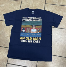 Old Man Steve Cat T-Shirt Size Large Navy Blue Gildan - £8.28 GBP