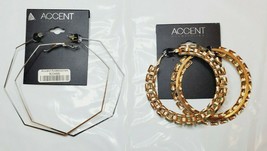 Accent Accessories Hoop Earrings Gold Links &amp; Silver Octagon 2 Pair New - £10.54 GBP